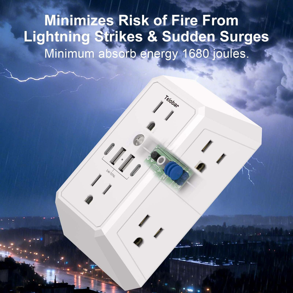Teiobar 1680 Joules surge protection shields connected devices from spikes.