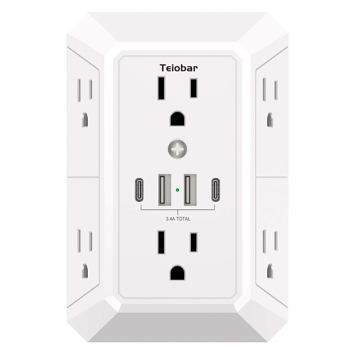 Teiobar outlet extender with six outlets and four USB ports enables versatile charging.