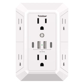 Teiobar outlet extender with six outlets and four USB ports enables versatile charging.