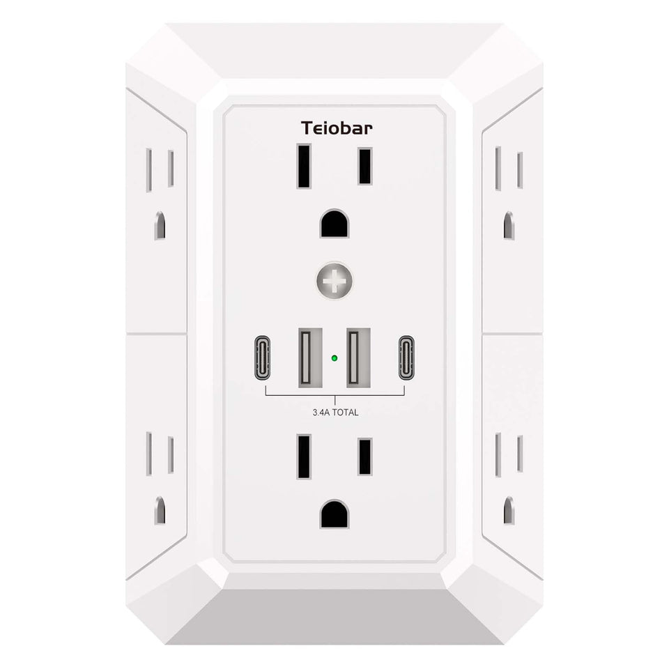 Teiobar outlet extender with six outlets and four USB ports enables versatile charging.