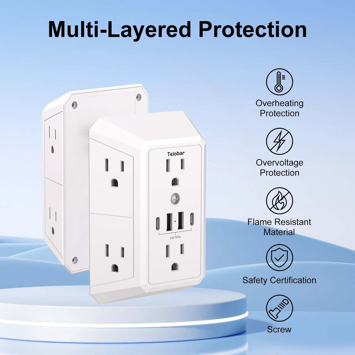 Teiobar smart USB ports auto-detect devices for optimal charging.