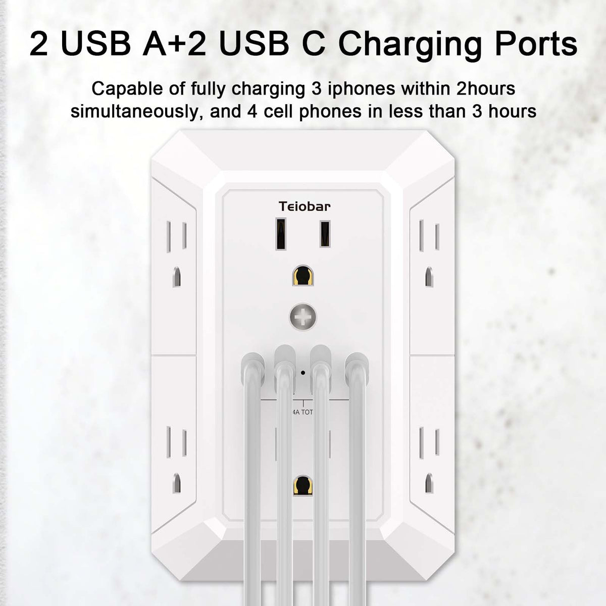Teiobar wide-spaced outlets prevent bulky adapters from blocking sockets.