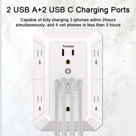 Teiobar wide-spaced outlets prevent bulky adapters from blocking sockets.