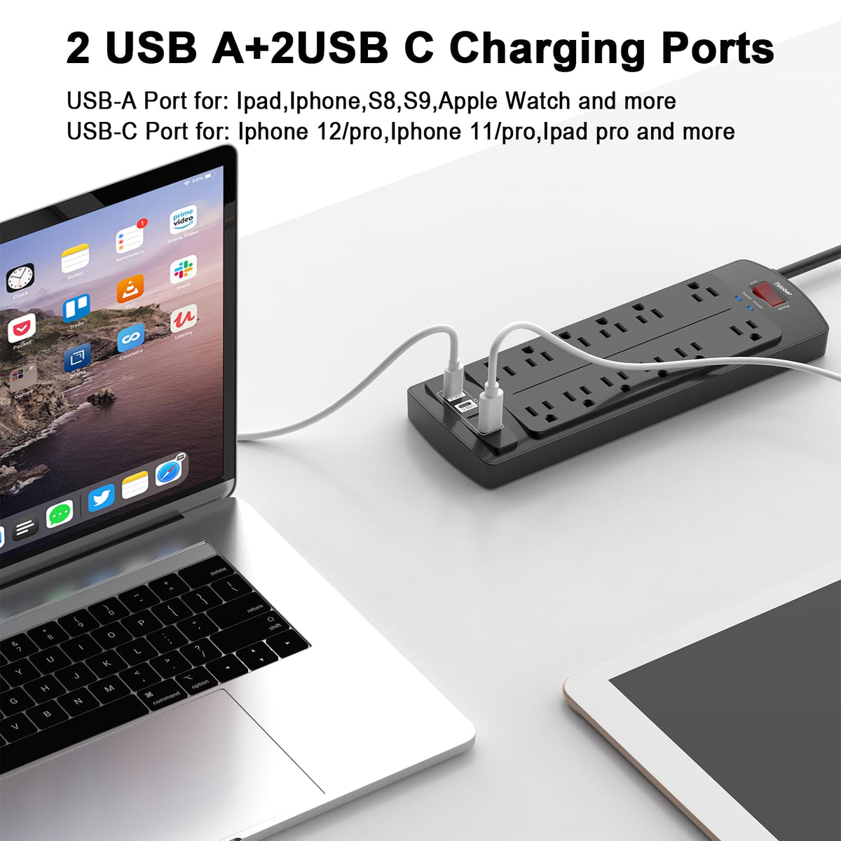 Teiobar USB ports detail with USB-A and USB-C, provides fast smart charging