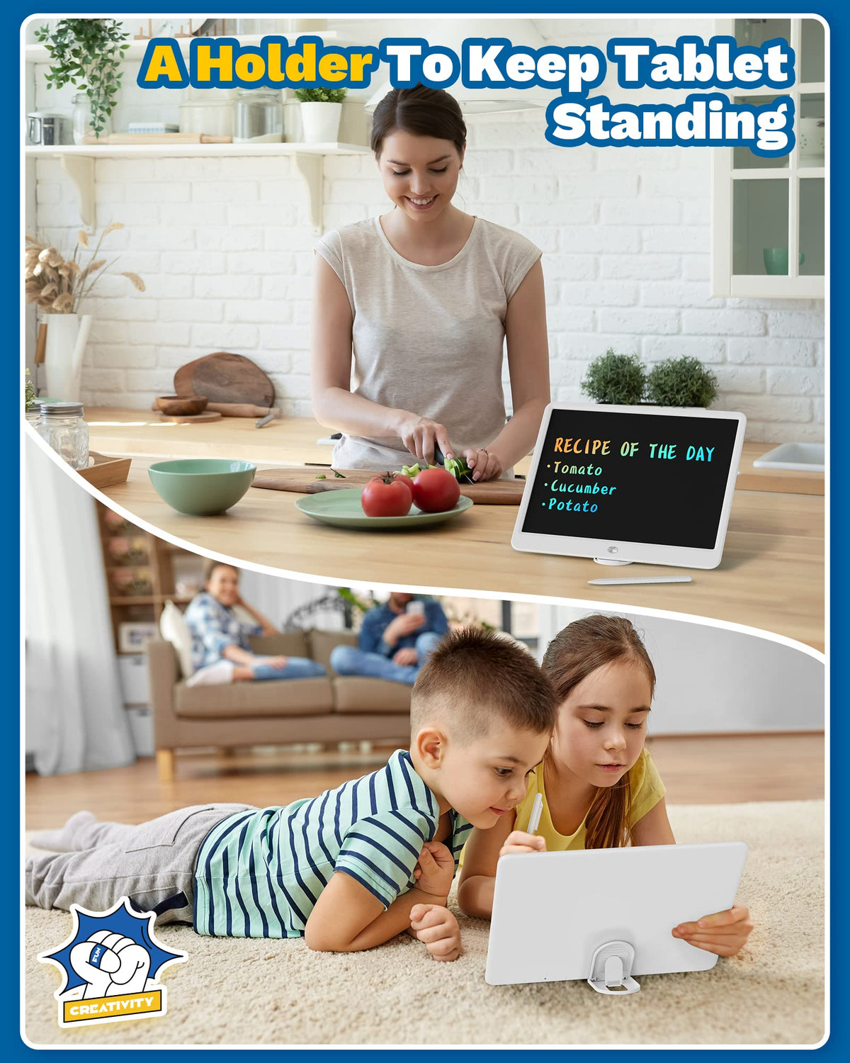 TEKFUN tablet on kitchen counter showing grocery list and family reminders for organization