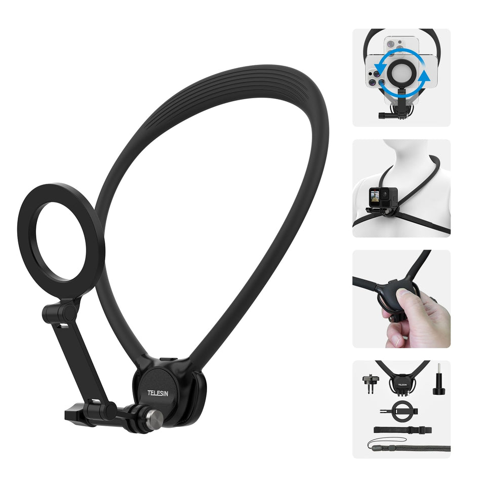 TELESIN neck mount SE 2.0 front view showing full kit for stable POV