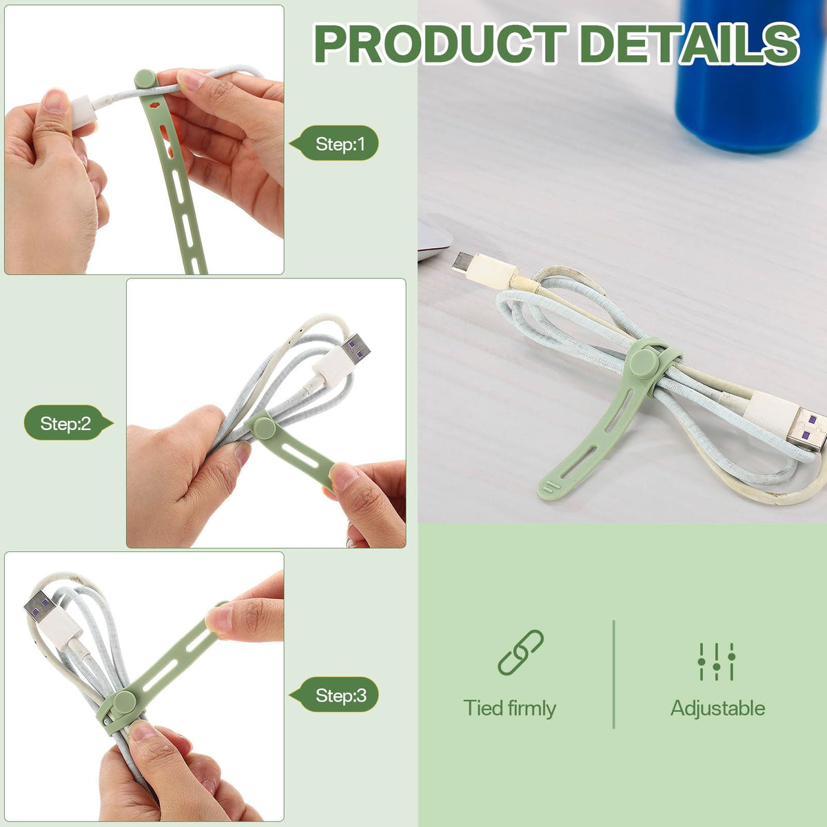 Tellegloww adjustable slot-and-button design secures cables of different thicknesses.