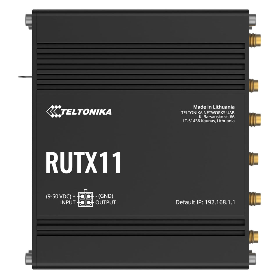 Teltonika RUTX11 front view showing dual-SIM ports for reliable failover.