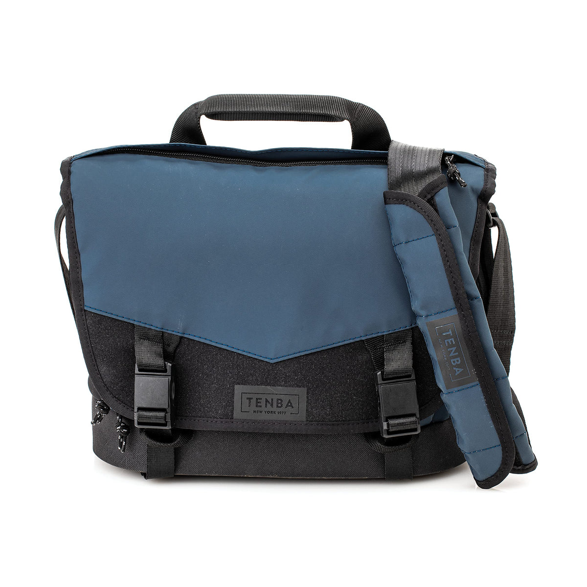 Tenba DNA 13 blue messenger bag front view, compact carry for daily photo sessions.