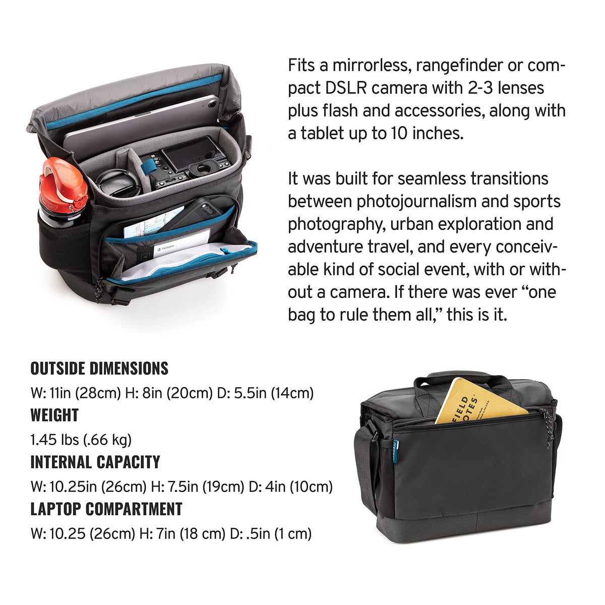 DNA 16 Slim Messenger Bag housing camera and multiple lenses with accessories