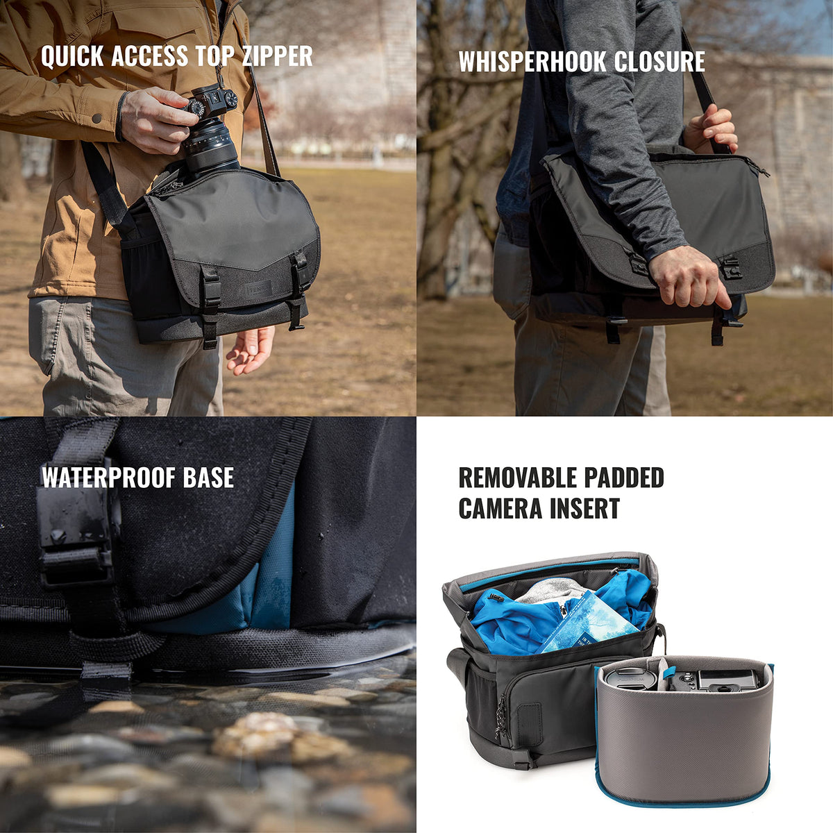 Top zipper access on Tenba DNA 16 Slim Messenger Bag for quick lens swaps