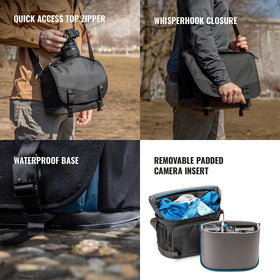 Top zipper access on Tenba DNA 16 Slim Messenger Bag for quick lens swaps