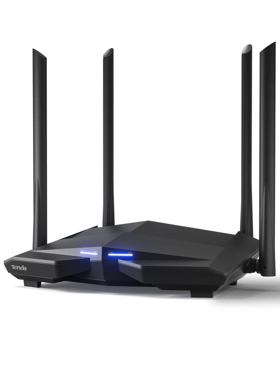 Tenda AC10 front view showing LEDs and sleek design for easy home placement