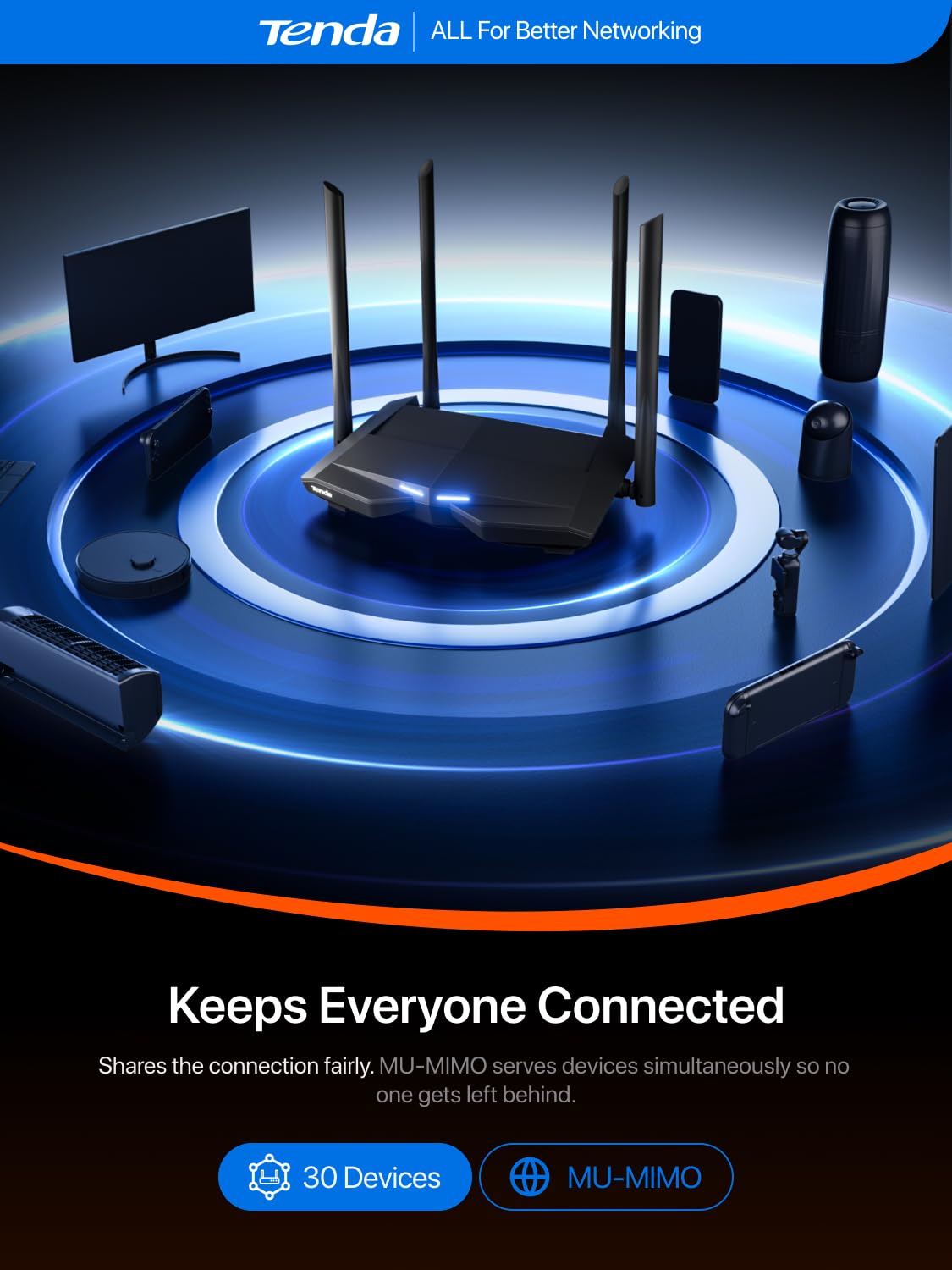 Mobile app setup screen with Tenda controlling networks and quick configuration