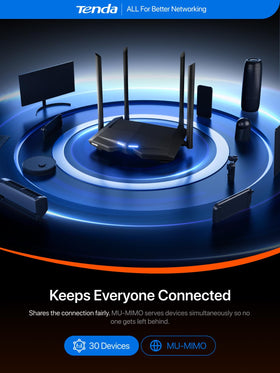 Mobile app setup screen with Tenda controlling networks and quick configuration