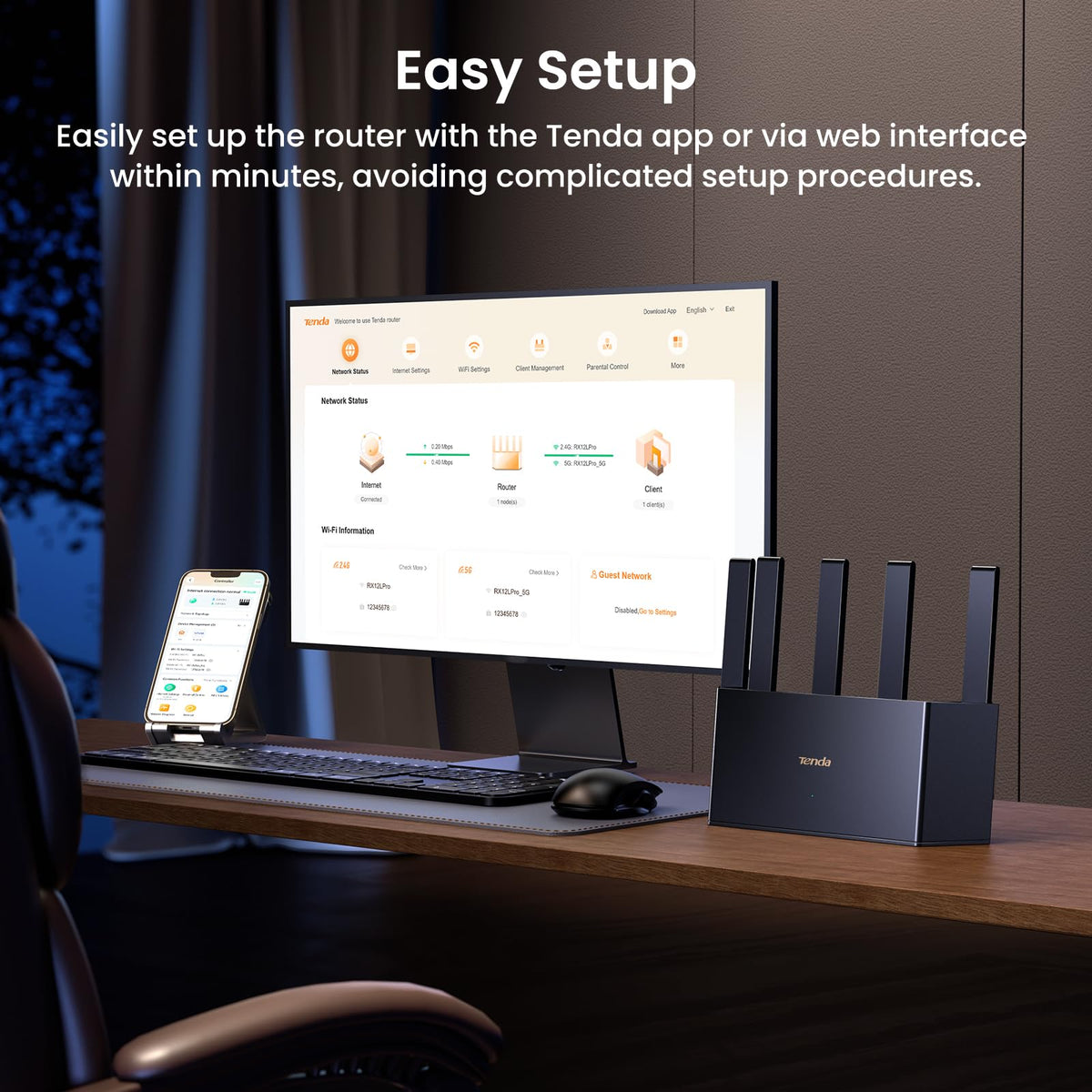 Tenda BE3600 NFC quick setup supports effortless pairing and guest access