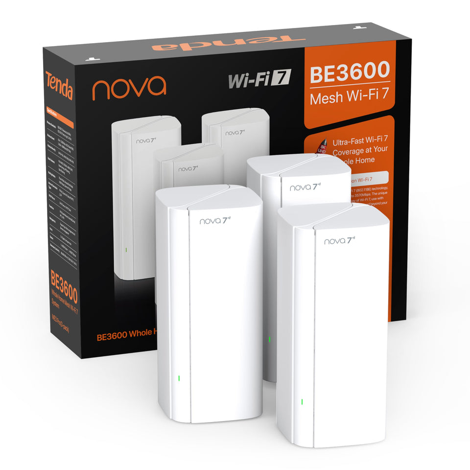 Tenda BE3600 front view, sleek router for quick home setup and reliable WiFi