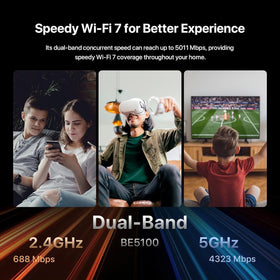 Tenda BE5100 antenna array providing expansive coverage across rooms.