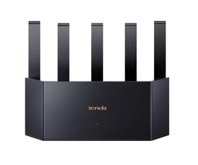 Tenda BE5100 router front view showing vertical design for space-saving placement.