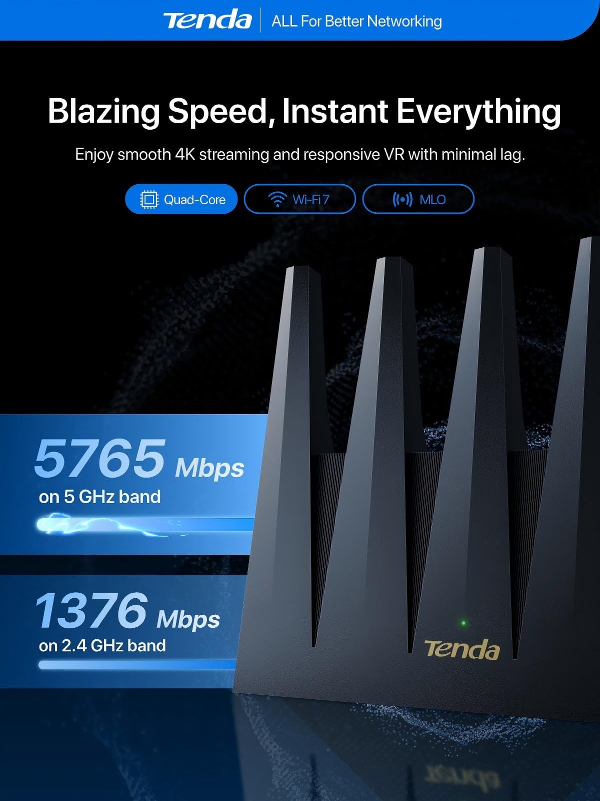 Tenda BE7200 with 9 signal-boosting modules for stronger coverage.