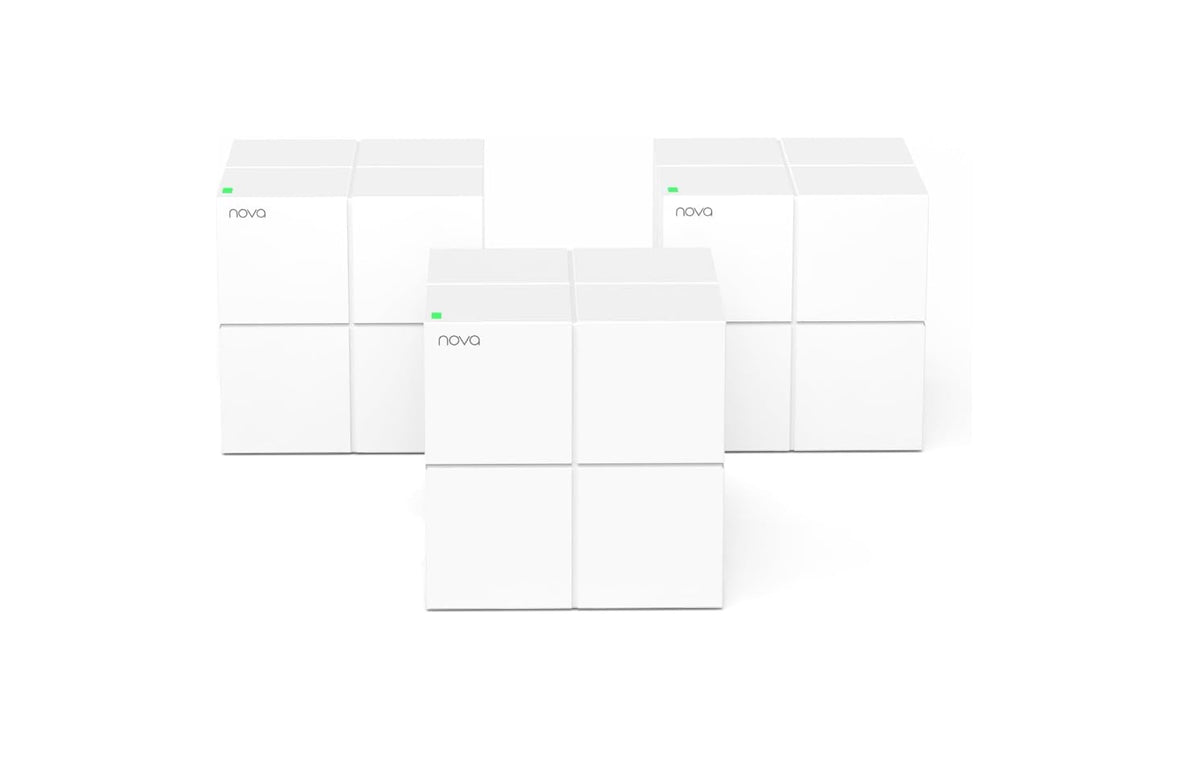 Tenda Nova MW6 3-pack packaging highlighting whole-home coverage and easy setup.