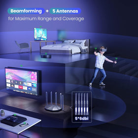 Tenda RX2Pro on desk with laptop streaming, illustrating smooth HD streaming and low latency performance.