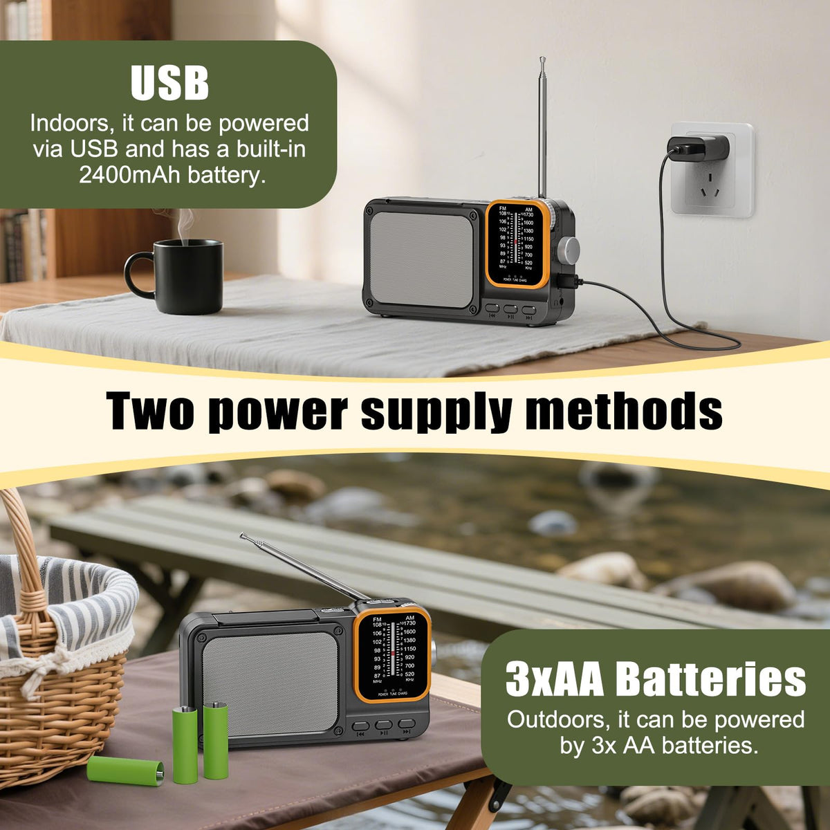 Tendak dual-power radio with USB C charging and AA battery option