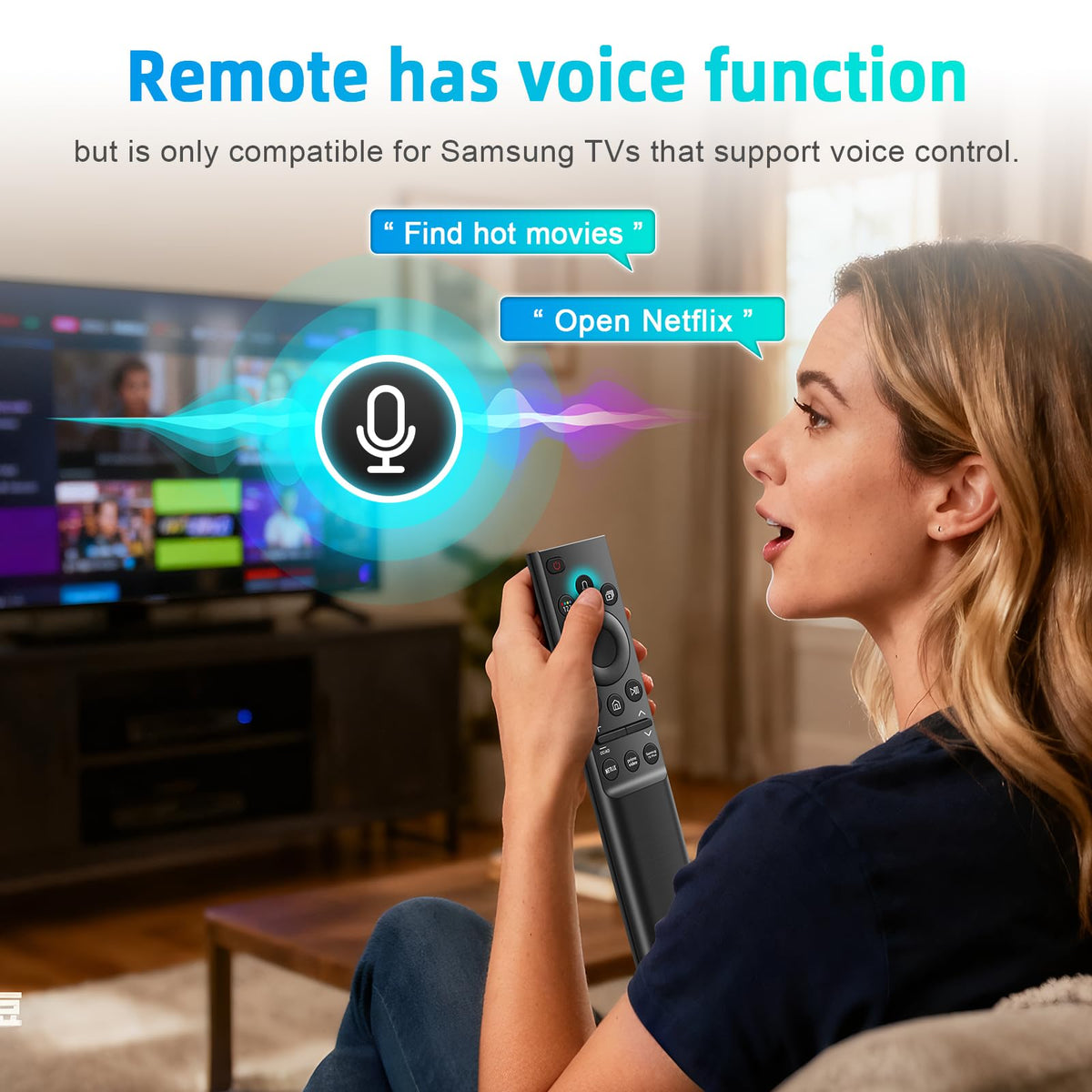 Tendodo BN59-01357F remote close-up of the voice button for quick commands.