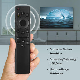 Tendodo remote positioned beside a Samsung Frame TV illustrating compatibility