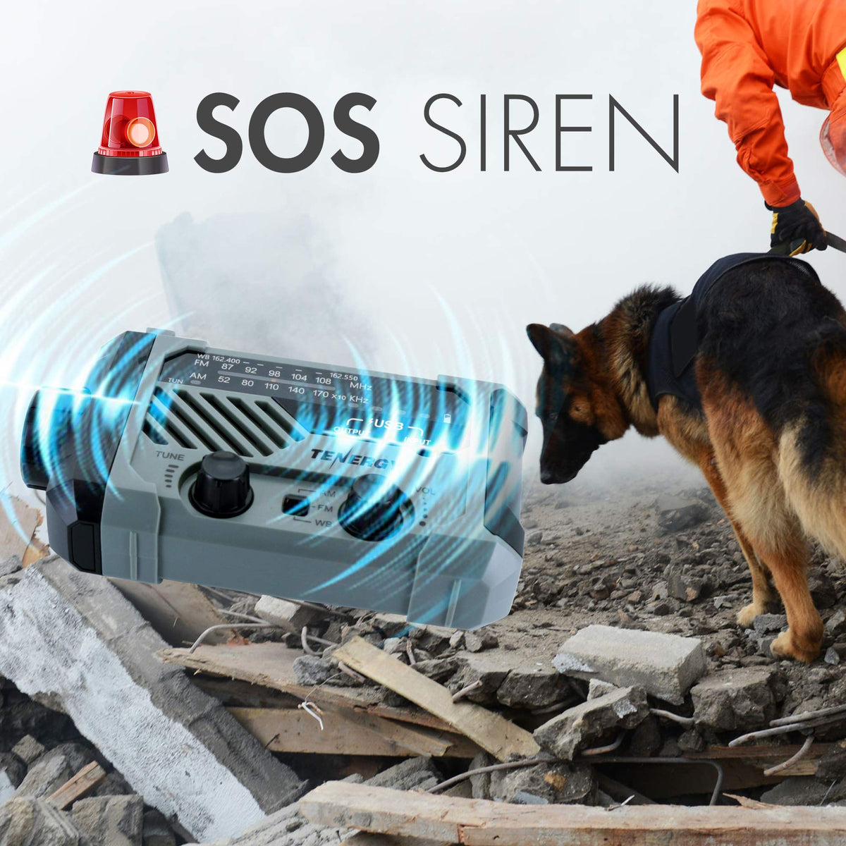 Tenergy SOS siren and flash mode active to attract attention and aid rescue