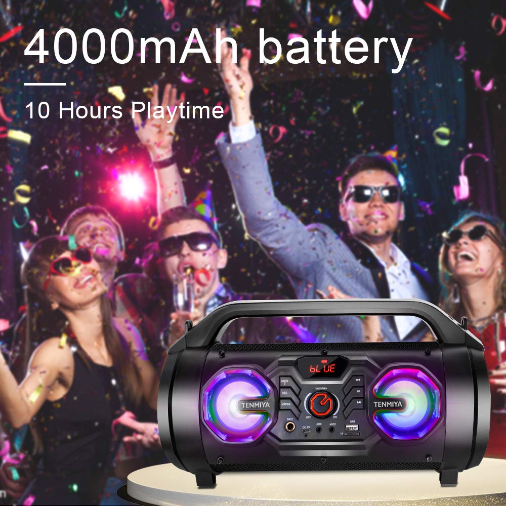 Tenmiya A66 RGB lights create vibrant party ambience during playback.