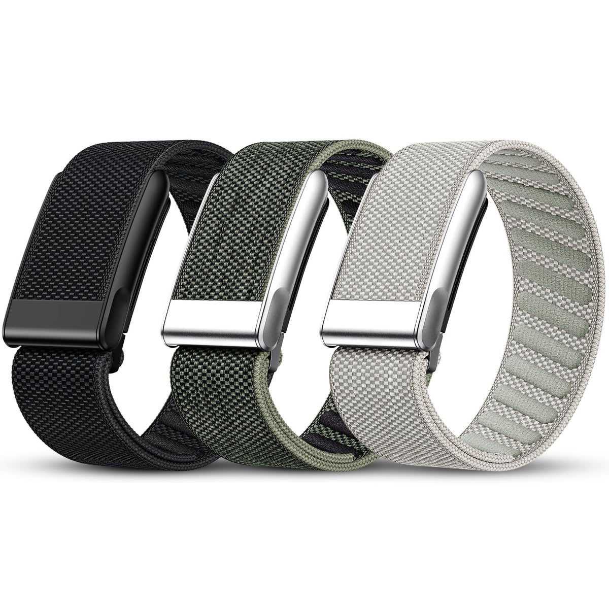 Tensea front view of three-pack WHOOP-compatible bands showing colors and packaging, visual convenience
