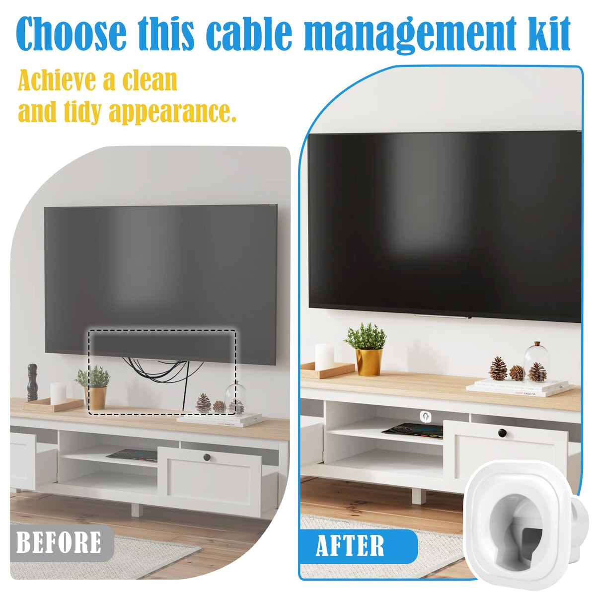 Tensilearm recessed outlet close-up provides tidy behind-TV power access