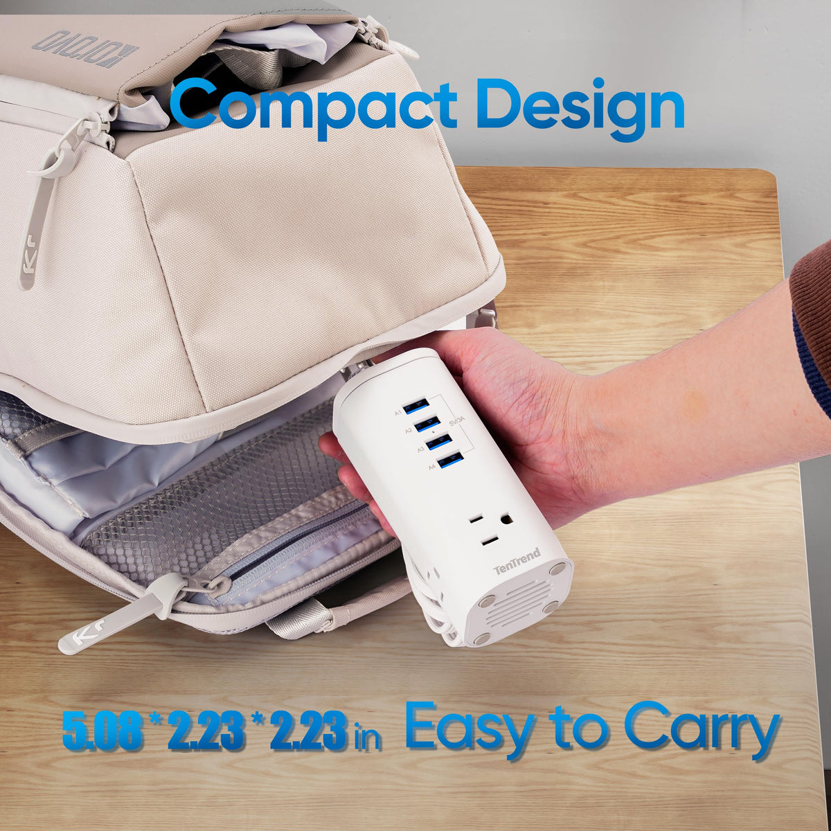TenTrend label detail showing AC and USB port markings for correct device pairing