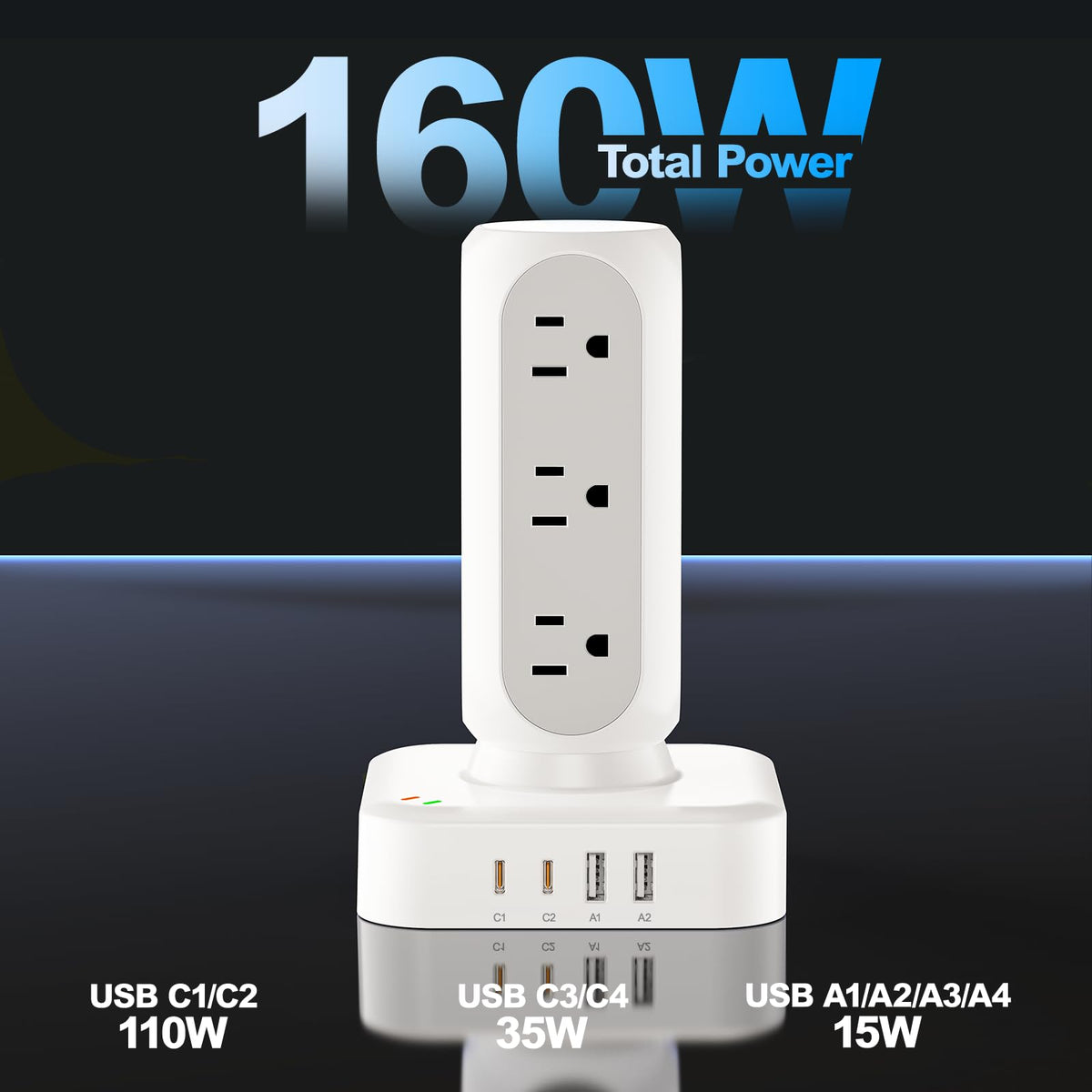 TenTrend detail of 12 AC outlets demonstrating space for bulky adapters