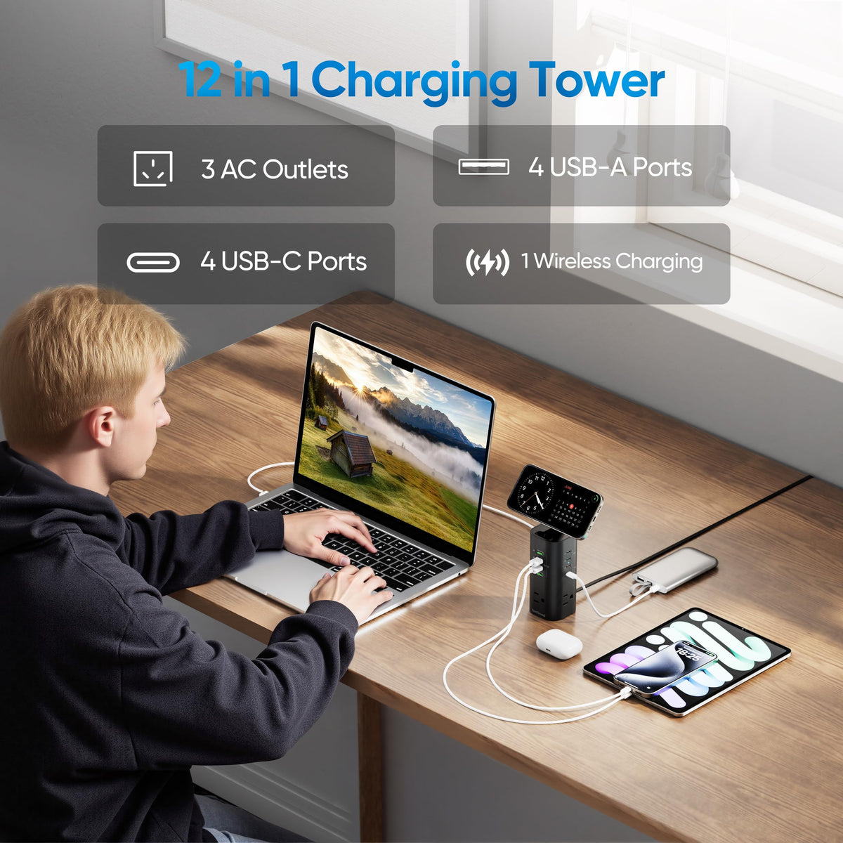 TenTrend close-up of USB-C and USB-A ports for fast multi-device charging benefit