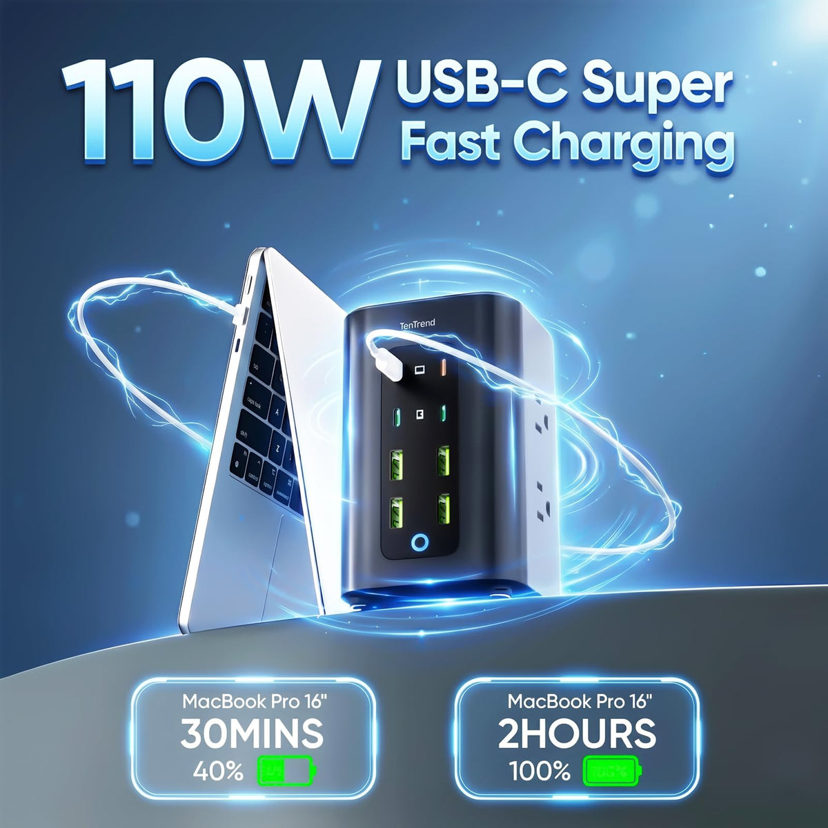 TenTrend flat plug and 5ft cord pictured flush to wall for neat setup
