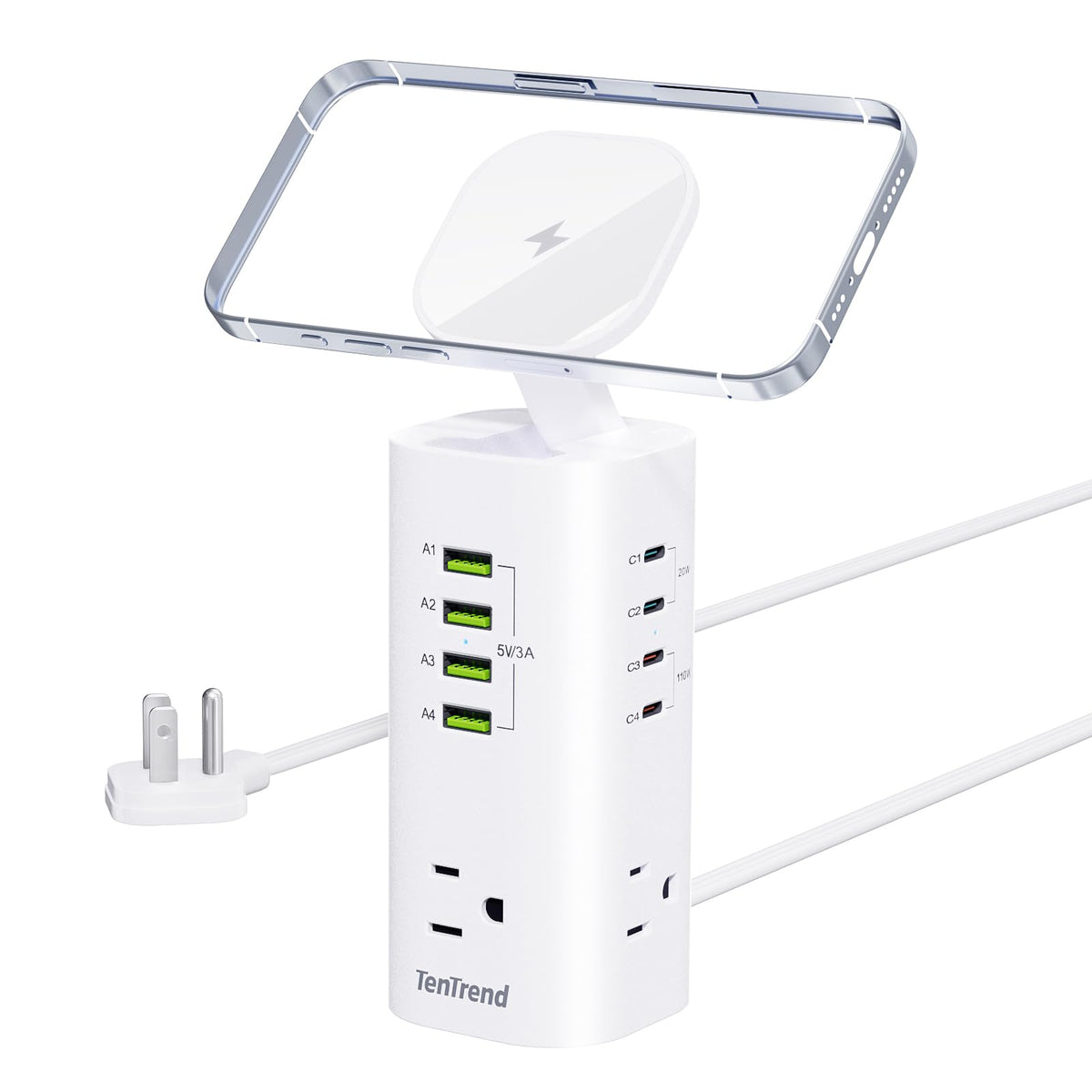 TenTrend front view of charging tower showing ports and neat desk benefit