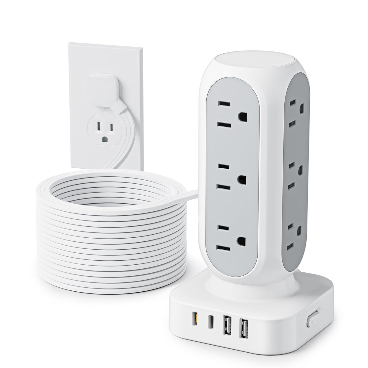 TenTrend front view of tower showing outlets and USB ports for organized charging