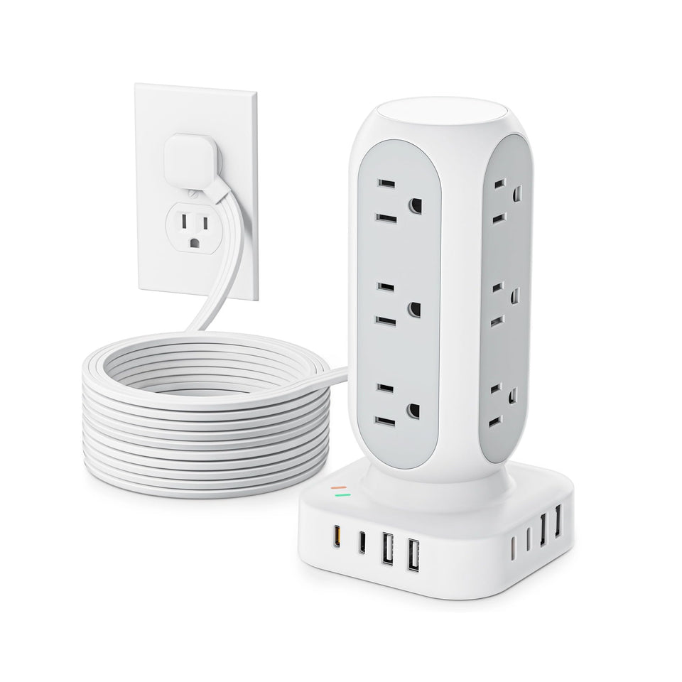 TenTrend front view tower showing outlets and USB ports for organized charging
