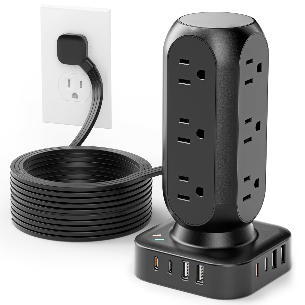 TenTrend tower front view showing AC outlets and USB ports for organized charging