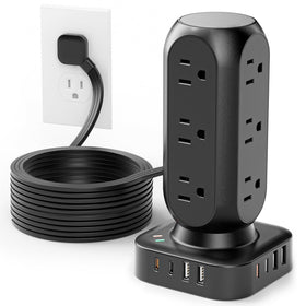 TenTrend tower front view showing AC outlets and USB ports for organized charging