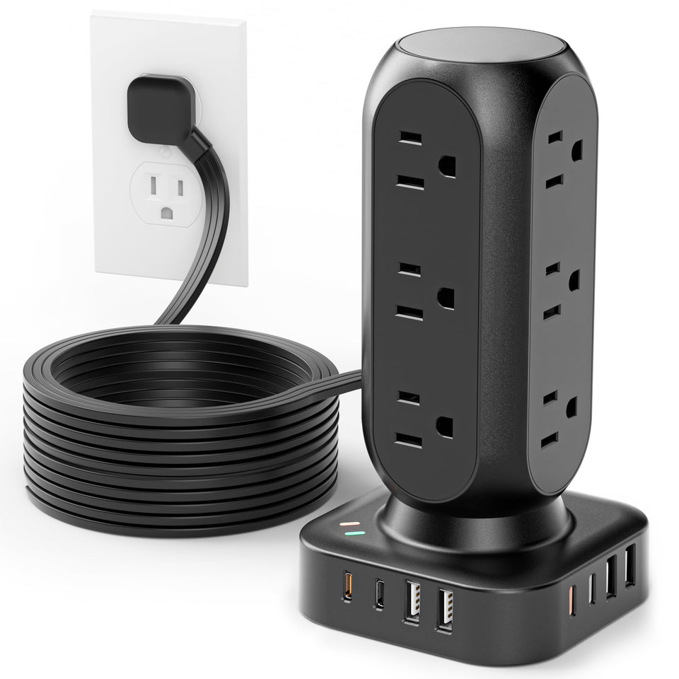 TenTrend tower front view showing AC outlets and USB ports for organized charging