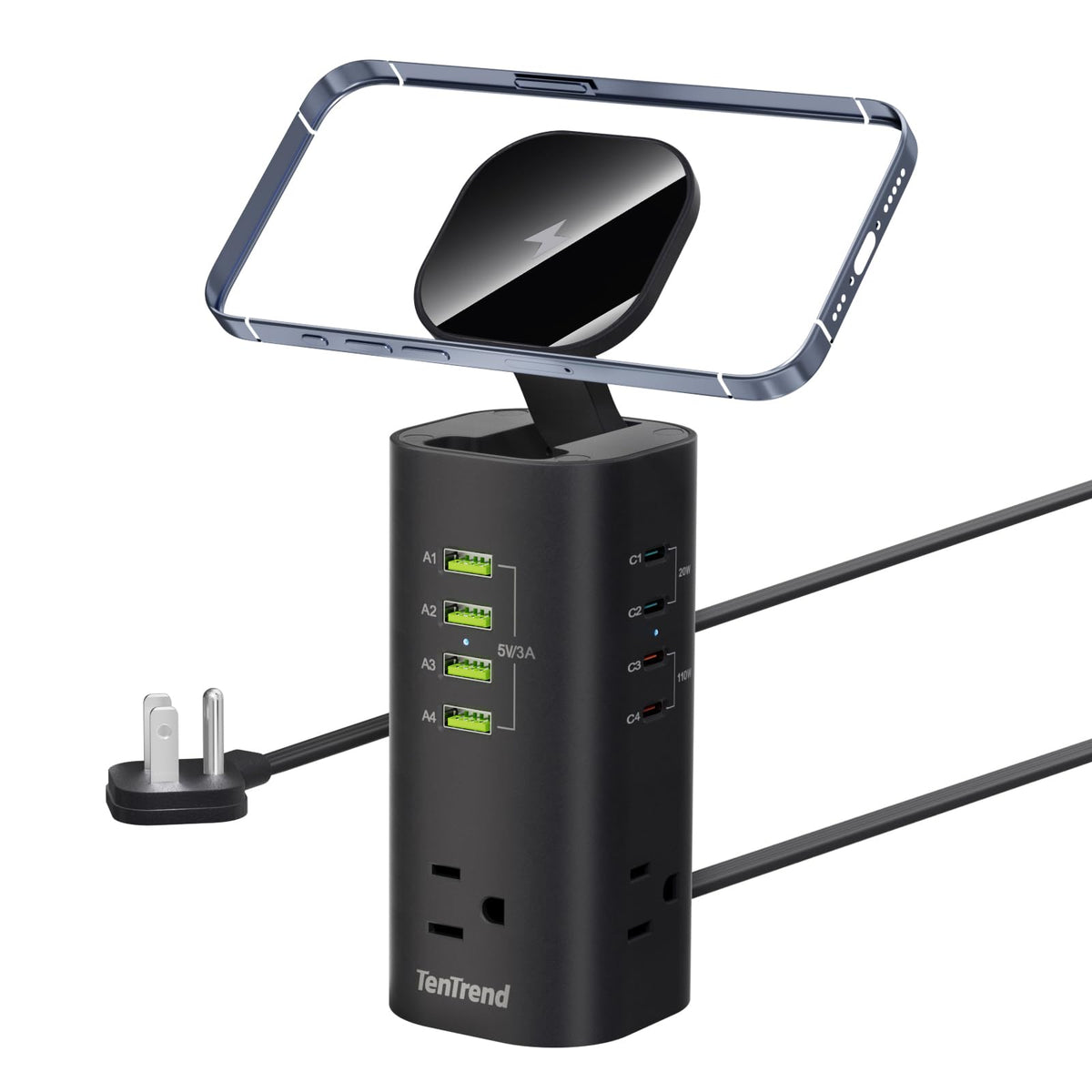 TenTrend front view of charging tower showing ports and compact design benefit