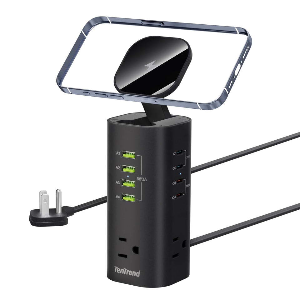 TenTrend front view of charging tower showing ports and compact design benefit