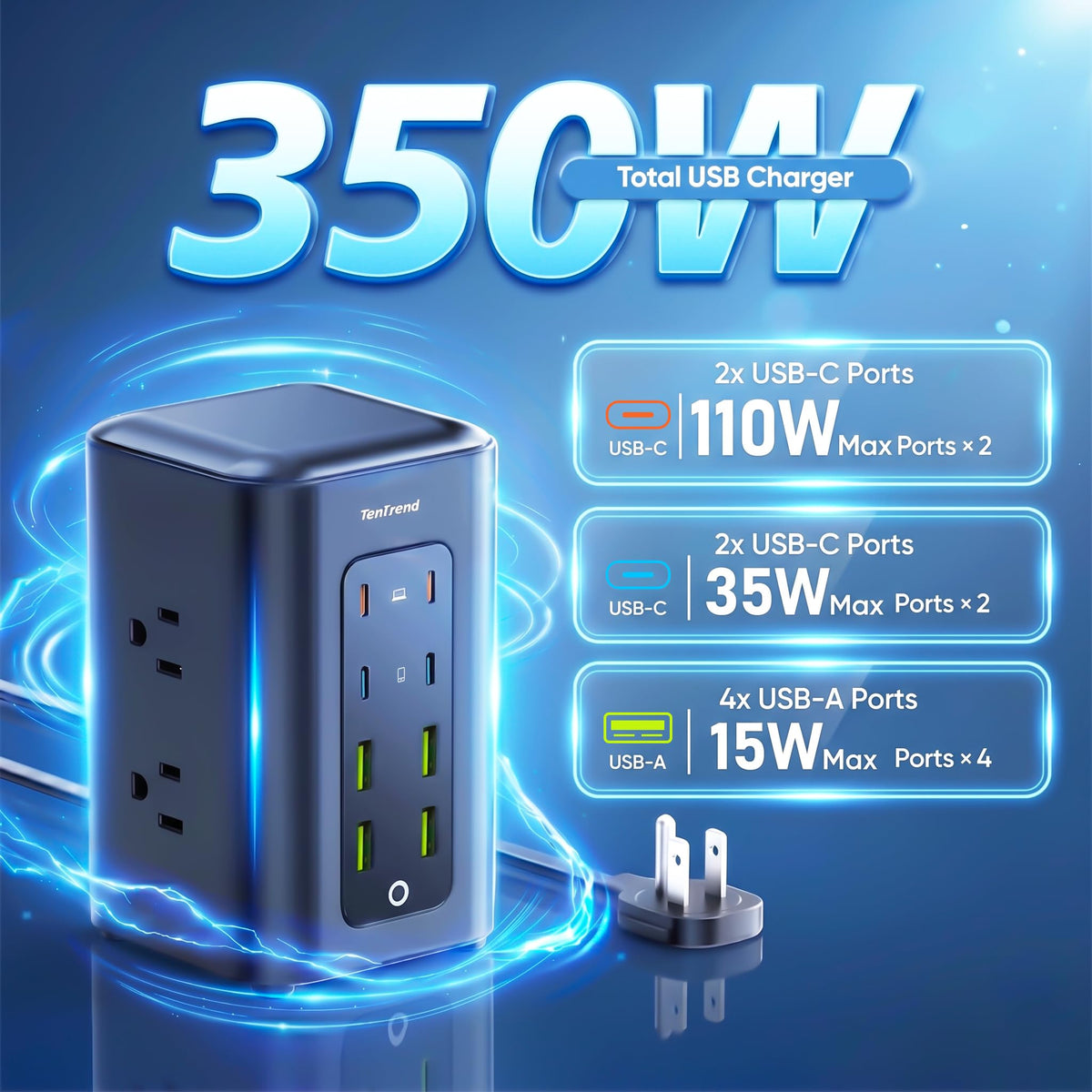 TenTrend top view of AC outlets and USB cluster for organized multi‑device use