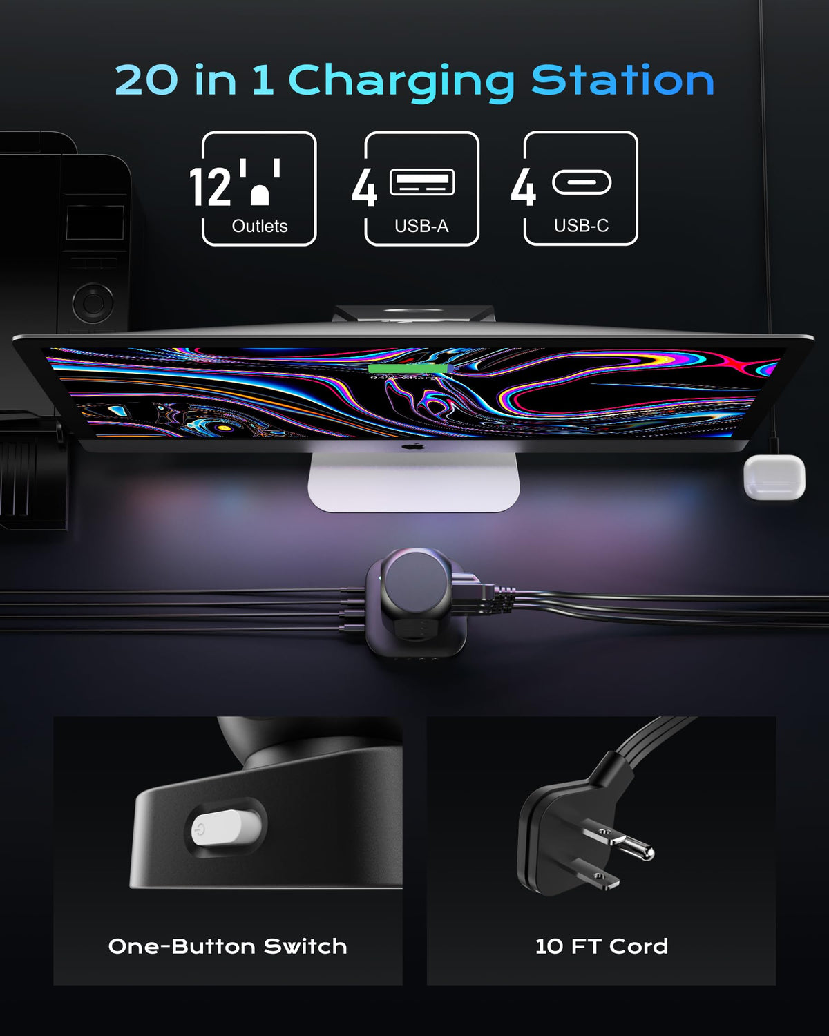TenTrend Tower 20-in-1 outlets with USB ports for multiple devices.