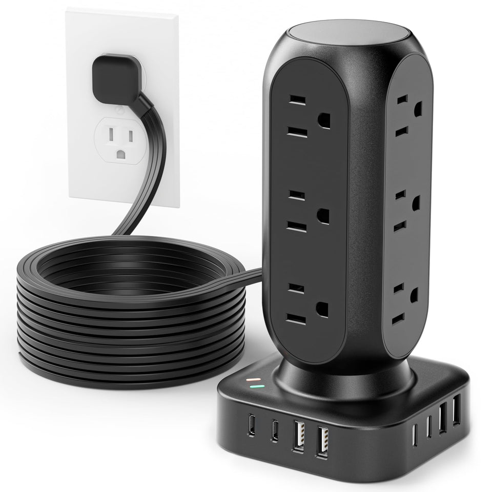 TenTrend Tower flat plug with 10 ft cord keeps cables tidy.