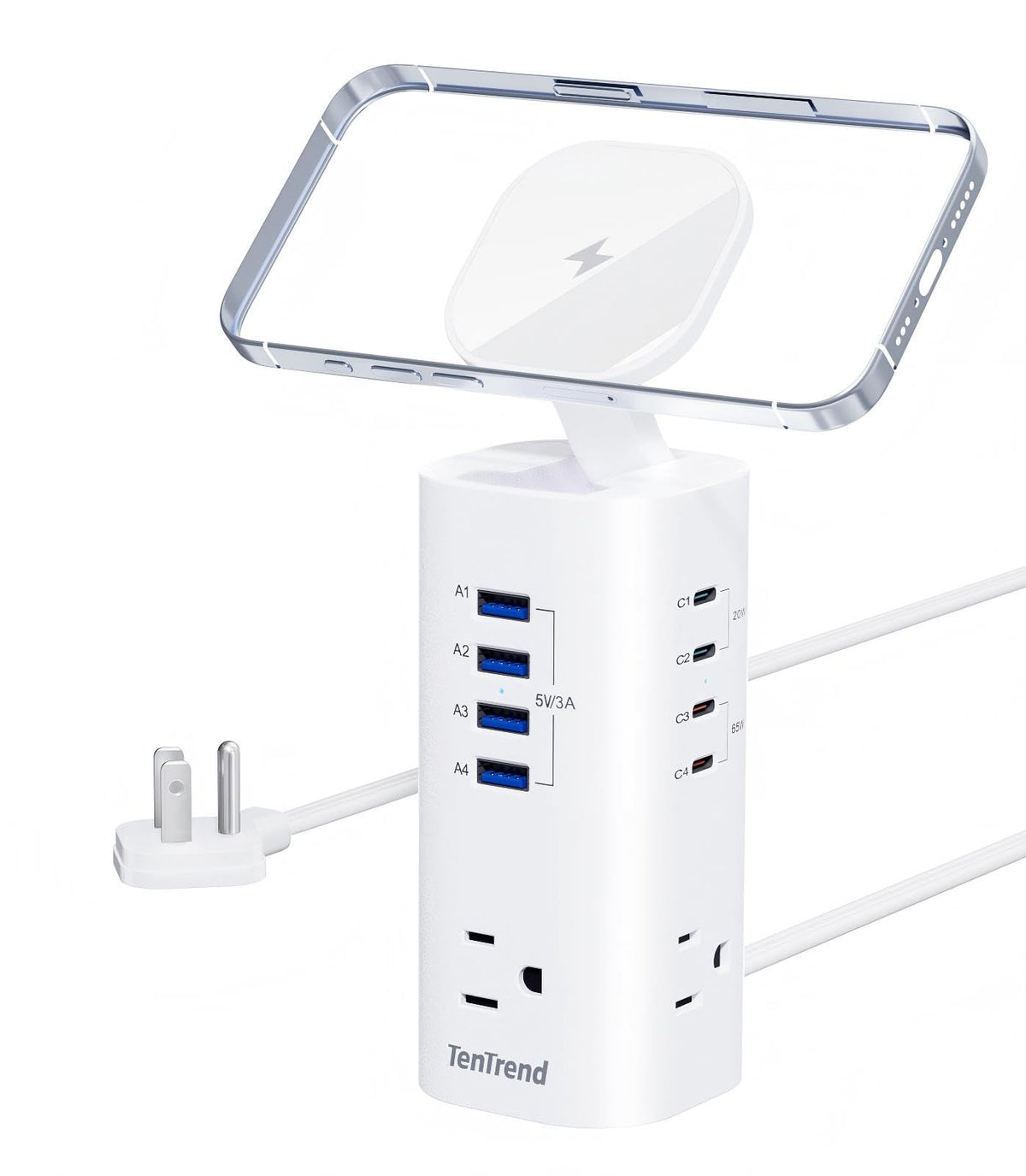 TenTrend tower front view showing ports and compact profile for organized charging