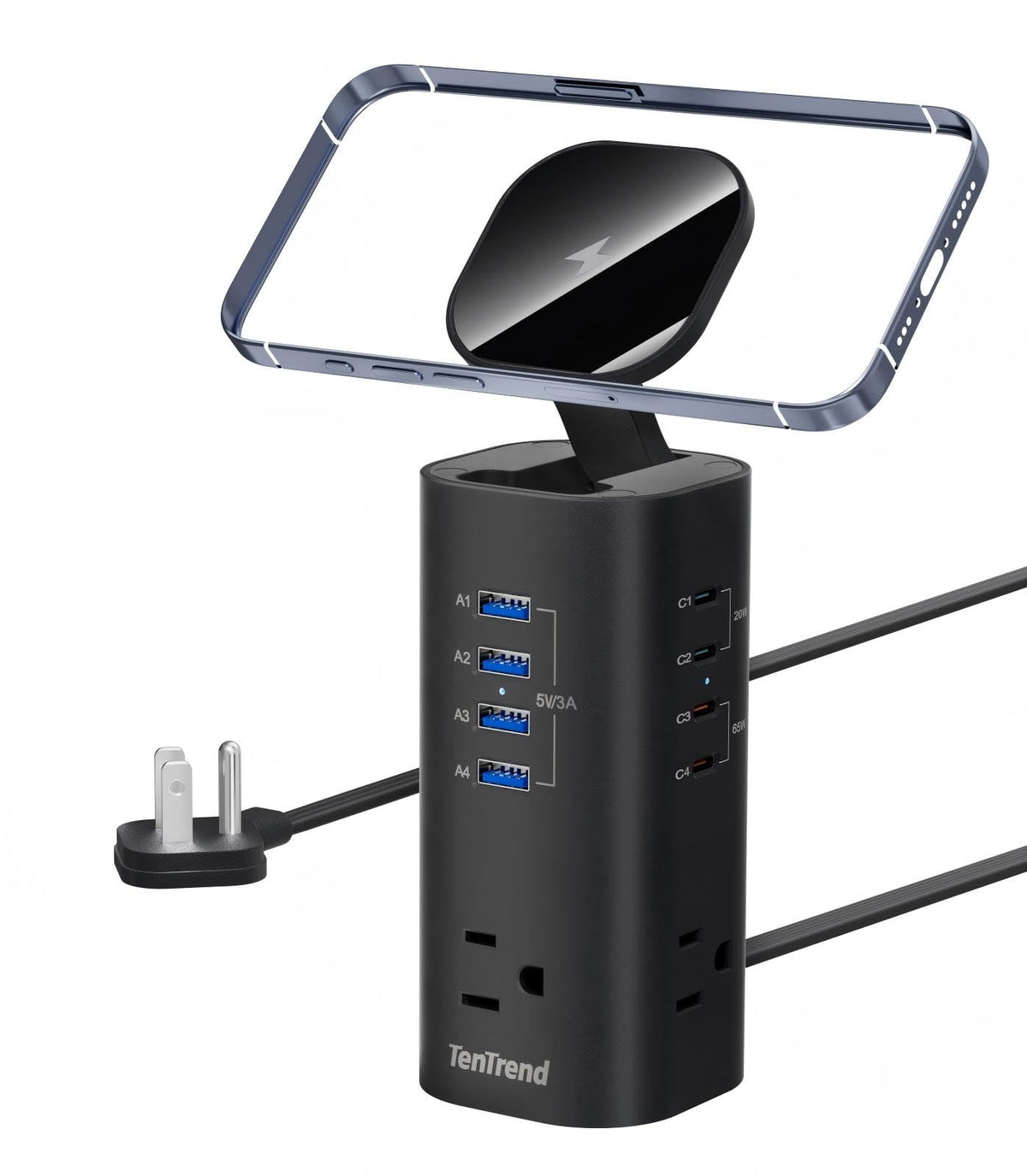 TenTrend front view showing three AC outlets and eight USB ports for versatile charging